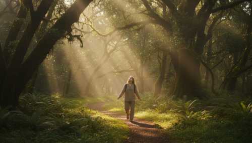 Beautiful, photorealistic wide shot of a person walking peacefully through a lush, green forest with tall trees, golden morning sunlight filtering through the leaves creating god rays, conveying calm, somatic movement, and nervous system regulation.