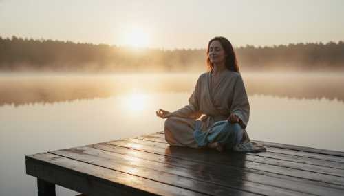 A person sitting in deep meditation on a calm wooden deck overlooking a mirror-like lake at dawn. Soft morning mist, deeply peaceful expression. Photorealistic, 85mm lens, soft morning light, highly detailed.