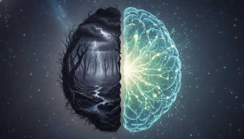 A conceptual photorealistic split image of a human brain silhouette: one half is a dark, tangled stormy forest, and the other half is a vibrant, clear, glowing neural network in peaceful blue and green tones. High quality, vivid textures.
