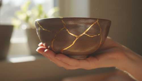 Close-up of a Japanese kintsugi bowl resting gently in a person's hands. Soft natural sunlight from a window illuminating the beautiful golden cracks. Photorealistic, macro photography, symbolizing transformation, healing, and resilience.