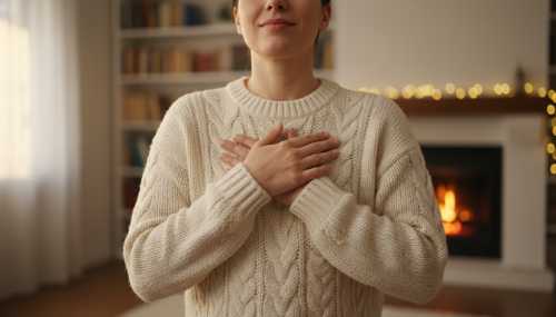 Close-up of a person wearing a cozy knitted sweater, resting their hands gently on their chest and stomach, practicing deep breathing. Warm, comforting indoor lighting, feeling of safety and nervous system regulation. Cinematic, soft focus background.