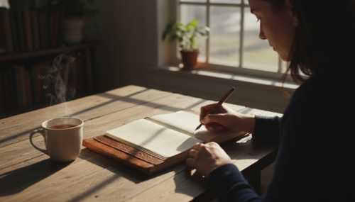 Over-the-shoulder shot of a person writing in a beautiful leather journal on a rustic wooden table by a window. A warm cup of tea beside it, golden hour sunlight illuminating the page. Photorealistic, intimate, mindful and calm mood.