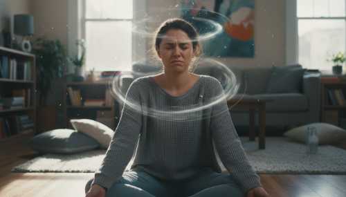 Photorealistic image of a person sitting in a meditation posture on a living room floor, looking visibly overwhelmed and tense. Subtle motion blur and chaotic shadows around their head represent a 'deafening noise' of thoughts. Soft indoor natural lighting, deeply emotional, realistic textures.