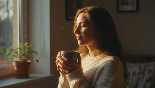 Beautiful, warm photorealistic image of a person standing by a window in the morning, holding a ceramic coffee mug with both hands. Their eyes are gently closed, face bathed in golden hour sunlight, expressing a profound, subtle sense of peace and true presence. 35mm photography, natural and inviting.