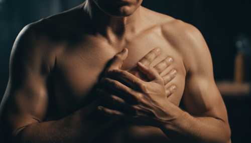 Photorealistic close-up of a person's chest and hands during meditation, with one hand placed firmly over the heart. Moody and dramatic lighting emphasizes the physical tension in the hands, representing a racing heartbeat and the 'fight or flight' response. Highly detailed skin texture, raw emotion, 8k.