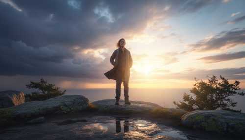 Cinematic portrait of a person standing tall and resilient outdoors. The sky behind them is transitioning from a dark, heavy storm to a bright, clear sunrise. The person's expression is one of calm acceptance and inner strength. Hyper-realistic, dramatic and inspiring lighting, 8k resolution.