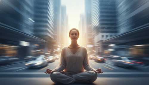 Plano medio fotorrealista de un individuo en profunda meditación, perfectamente quieto y en paz, rodeado por un entorno urbano caótico y borroso en movimiento. La persona está iluminada por una suave luz cálida que resalta su calma interior frente a la arquitectura del estrés externo. Profundidad de campo superficial, iluminación dramática.