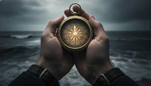 Imagen altamente detallada y realista de unas manos firmes sosteniendo una antigua brújula de latón desgastada. El fondo desenfocado muestra un océano agitado por una tormenta oscura, pero las manos y la brújula permanecen estables y nítidas. Iluminación cinematográfica, simbolizando el control interno sobre lo incontrolable.