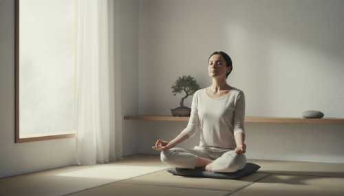 Fotografía hiperrealista de una mujer en una habitación minimalista zen tomando una respiración profunda, con los ojos cerrados y una expresión de alivio total. Luz natural suave que entra por una ventana, creando una atmósfera de paz absoluta que visualmente representa la estabilización del sistema nervioso parasimpático.