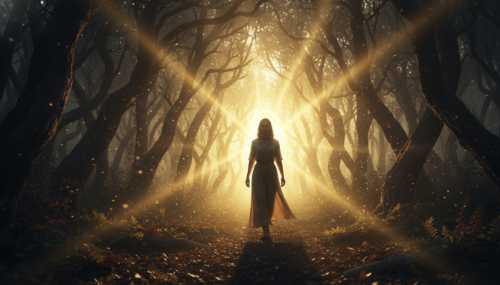 Fotografía majestuosa y fotorrealista de una figura humana tranquila caminando a través de un denso y oscuro bosque hacia un claro donde rompe una luz dorada brillante y mágica. Los rayos de sol iluminan su rostro con un tono cálido, simbolizando la transmutación alquímica de la adversidad y el trauma en consciencia pura.