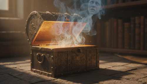 A photorealistic cinematic close-up of a glowing, heavy, ancient-looking metal lockbox or chest, slightly open and radiating a bright, calming amber light from within. Floating above it are subtle, misty representations of human worries and stress being peacefully pulled into the box. Warm lighting, high-end photography, sharp focus.