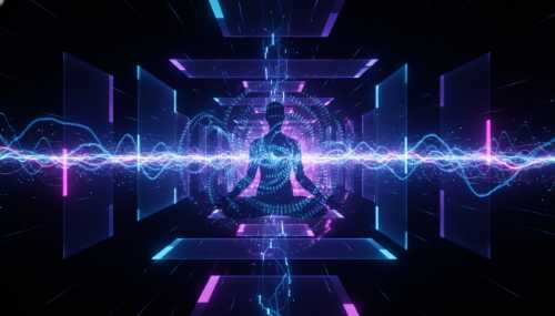 A surreal but photorealistic depiction of a human silhouette meditating, surrounded by infinite, glowing holographic dimensions. The person is dissolving slightly into luminous binary code and energy waves, symbolizing crossing into non-physical realities. Dark background with vibrant neon blue and purple frequency waves, cinematic, high contrast, 8k.