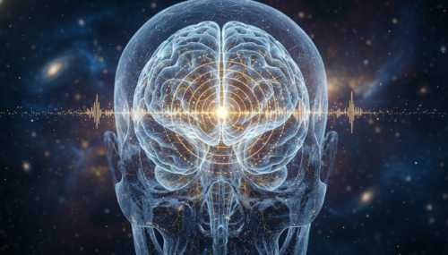 A photorealistic and artistic rendering of the human brain inside a translucent skull, glowing with a soft, ethereal blue and gold light. The pineal gland is highlighted, emitting subtle, rippling energy waves that resonate outwards like an acoustic frequency. Cinematic lighting, macro photography style, deep space background subtly blended into the dark background, highly detailed neurobiology visualization.