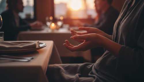 Close-up photorealistic image of a person's hands gently resting over their stomach at a restaurant table, symbolizing tuning into a gut feeling. Warm, moody atmospheric lighting in the background, sharp focus on the subtle, grounding hand gesture, highly detailed.