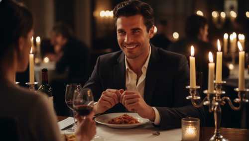 Over-the-shoulder cinematic shot from a woman's perspective looking at a handsome man at a candlelit dinner. The man is smiling, but his eyes appear cold and his shoulders are visibly tense, showing subtle hostile body language. High quality, realistic micro-expressions, dramatic lighting.