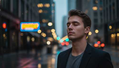 Photorealistic portrait of a modern young man taking a deep, mindful breath outside a chic urban bar at night before going inside for a date. His eyes are gently closed, conveying emotional grounding and nervous system regulation. Beautiful city lights bokeh in the background.