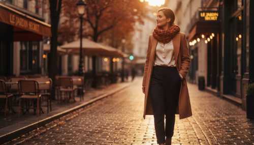 Serene, photorealistic shot of a woman walking away from a date location down an evening city street, smiling peacefully with a sense of empowerment and clarity. Chic autumn clothing, warm golden hour lighting mixing with streetlights, conveying self-trust and safety.