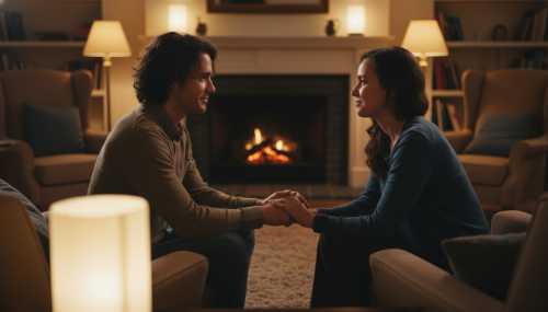 A photorealistic shot of an intimate moment between a couple sitting across from each other in a cozy, softly lit room. They are making deep, serene eye contact, conveying a profound sense of safety, vulnerability, and nervous system regulation. Warm ambient lighting, shallow depth of field, highlighting empathy and emotional connection.