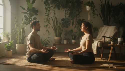 A highly detailed, aesthetic photograph of a man and a woman sitting cross-legged facing each other, practicing synchronized breathing. Golden hour sunlight streams through a large window, casting a warm, serene glow over them. The background features lush indoor plants, conveying organic life, homeostasis, and deep bio-psychological connection.