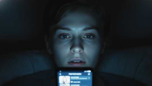 A photorealistic close-up of a person's face softly illuminated by the blue glow of a smartphone screen in a dark bedroom. The screen reflection shows a generic dating app interface. The person's expression is blank and slightly fatigued, capturing the exhaustion of endless swiping and dopamine saturation. Cinematic shadows, highly detailed.