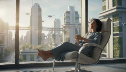 A peaceful, photorealistic portrait of an individual sitting entirely alone on a comfortable modern chair by a large window overlooking a calm, slightly futuristic city in the year 2026. They are holding a warm cup of tea, with eyes gently closed in a contented smile, radiating inner peace, nervous system regulation, and self-knowledge. Soft morning light.