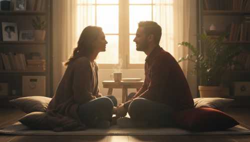 Fotografía cálida y fotorrealista de dos amigos o pareja sentados en un ambiente hogareño muy acogedor, mirándose a los ojos con autenticidad y sonriendo suavemente. No hay dispositivos tecnológicos cerca. Una luz de atardecer entra por la ventana, creando destellos dorados que evocan seguridad psicológica y la liberación biológica de oxitocina.