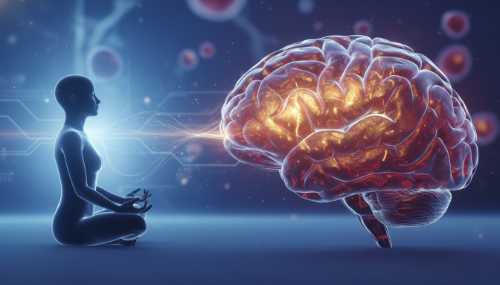 Representación visual hiperrealista y artística del cerebro humano con áreas iluminadas en tonos dorados cálidos vibrantes que simbolizan la materia gris y la neuroplasticidad. A un lado, la silueta de una persona meditando, integrando la biología y la salud mental bajo una luz suave y de ambiente médico-futurista.