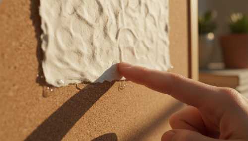 Close-up macro photography of a woman's fingers pressing a highly textured piece of paper onto a physical cork vision board. The tactile details of the thick paper, glue, and cork surface are sharp and visible. Soft focused background, warm lighting, conveying a sense of sensory engagement and neurobiological activation, photorealistic, 8k.