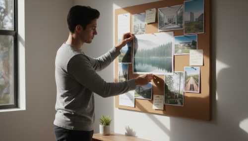 A focused individual in a well-lit, minimalist room, standing in front of a wall-mounted analog vision board. They are deliberately pinning a printed photograph of a serene nature landscape among other physical notes and images. Natural sunlight illuminates the board, emphasizing the physical effort and creative flow. Cinematic lighting, highly realistic.