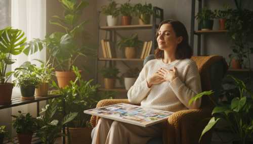 A serene woman sitting comfortably in a cozy room with lush indoor plants. Her right hand is gently placed over a physical vision board resting on her lap, and her left hand is resting over her heart. She has her eyes closed, taking a deep breath, expressing deep calm, safety, and heart coherence. Soft morning light filtering through a window, highly realistic, 8k.
