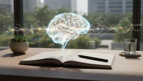 Abstract yet photorealistic visual metaphor. A modern, minimalist wooden desk with an open high-quality notebook. Hovering slightly above the pages is a beautiful, glowing holographic structure of a healthy, firing synaptic brain network in soft bioluminescent blue and gold tones. The light from the hologram gently illuminates a sleek pen resting on the paper. 8k, futuristic yet grounded wellness aesthetic.