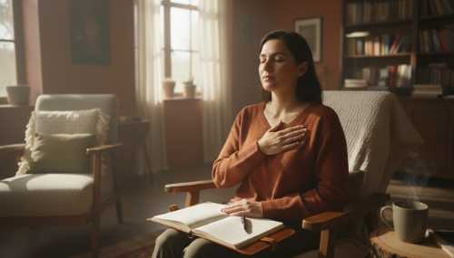 Photorealistic image of a person sitting in a quiet, cozy room lit by warm morning sunlight. They have one hand gently placed over their heart (chest) and their eyes softly closed in a state of calm realization, with an open notebook resting on their lap. Warm, earthy color palette, natural lighting, serene atmosphere, 8k, hyper-detailed interoception concept.