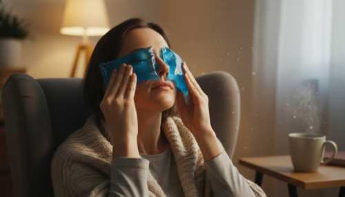 A hyper-realistic image of a person sitting in a softly lit, cozy room, pressing a therapeutic blue ice pack gently against their eyes and cheekbones. They look intensely relieved and relaxed, chest slightly expanded in a deep sigh. Warm ambient lighting contrasting with the cold pack, conveying safety, calm, and distance from anxiety.