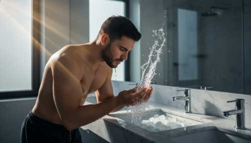 Photorealistic shot of a modern, sleek bathroom with an elegant marble sink filled with icy water. A young athletic man is leaning over, splashing freezing water onto his face. Dramatic morning light streaming through a frosted window, highlighting the splashing water droplets, evoking a sense of mental clarity and high performance biohacking.