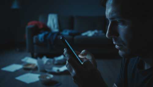 A close-up side profile of a stressed individual holding a smartphone in a dark room, the harsh blue light of the screen illuminating their tired face with dark circles under the eyes. In the background, a subtle blur of an empty, chaotic living room. Hyper-realistic photography, high contrast, dramatic lighting, portraying digital burnout.