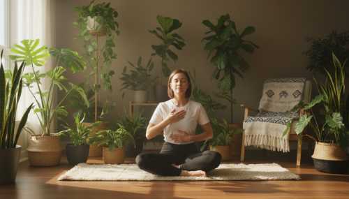 A serene, photorealistic image of a woman sitting on a comfortable yoga mat in a sunlit room filled with large lush green house plants. She has her eyes closed, hands gently placed on her chest and stomach, practicing deep somatic breathing. Soft, warm morning sunlight streaming through the window, peaceful and grounding atmosphere, 8k.
