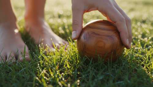 Close-up, macro photography of bare feet standing on fresh, vibrant green grass covered in morning dew. Next to the feet, a hand is gently touching a beautifully crafted, smooth wooden object. Natural sunlight, earthy tones, highly textured, evoking a profound sense of physical touch, mindfulness, and connection to nature. Photorealistic.