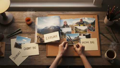 A top-down, cozy shot of a rustic wooden desk. A person's hands are shown physically cutting out inspiring pictures from a high-quality magazine with scissors and pasting them onto a large cork board. Scattered handwritten notes on thick paper. Warm, inviting indoor lighting, tangible analog aesthetic, highly detailed and realistic.