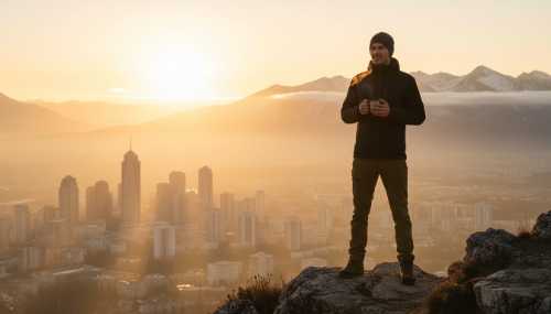 A wide shot of a focused, energetic young man looking out over a stunning cityscape or nature landscape at sunrise, holding a steaming mug of tea, with absolutely no digital devices in sight. He looks revitalized, sharp, and highly motivated. Golden hour lighting, crisp details, inspiring and uplifting atmosphere, representing mental clarity and high performance.