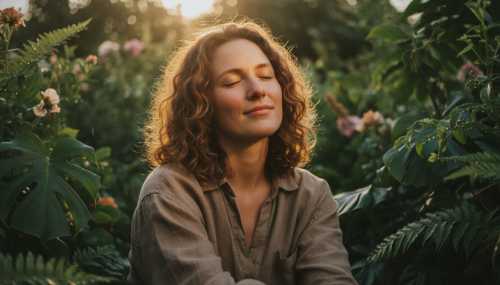 A photorealistic close-up of a person's relaxed, glowing face with their eyes gently closed, bathed in warm, golden hour sunlight. They are sitting comfortably outdoors surrounded by lush green plants, embodying pure mental and physical peace. The atmosphere conveys biological healing, resilience, and deep relaxation.