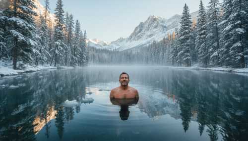 A photorealistic wide shot of a serene person immersed in a natural mountain lake or cold plunge pool, surrounded by snow-dusted pine trees. The person looks remarkably calm, focused, and empowered, taking deep breaths. Crisp morning light, mist rising from the icy water, extremely detailed and visually refreshing.