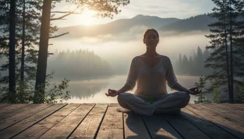 A peaceful, photorealistic image of a person sitting cross-legged on a wooden deck overlooking a serene misty mountain landscape at dawn. The person is meditating with eyes closed, bathed in the soft, warm golden hour sunlight. Pure nature, deep introspection, away from technology. Cinematic, highly detailed, 8k resolution.