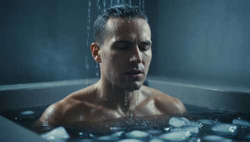 A photorealistic, cinematic shot of a healthy individual enduring a cold shower or an ice bath. Intense focus on the face, water droplets freezing on the skin, cold blue and silver lighting, faint steam rising from the body. High-end wellness and biohacking photography, highly detailed, dramatic lighting, 8k.
