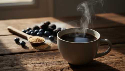 A stunning macro photography shot of a fresh, steaming cup of rich black coffee on a rustic dark oak table. In the gently blurred background, a few fresh dark berries and a wooden spoon with wheat germ. Morning light streaming through a window, deep rich shadows, shot with an 85mm lens, photorealistic and aesthetic.