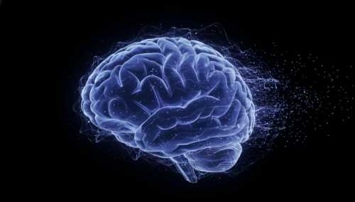 Macro photorealistic 3D rendering of a human brain glowing with soft bioluminescent blue and purple energy, symbolizing deep sleep, the glymphatic system, and cellular repair. Dark background with microscopic glowing particles floating away from the neural pathways, highly detailed, 8k resolution, scientific yet artistic visual.