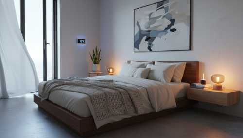 A serene, modern minimalist bedroom designed for perfect sleep biohacking. The room is softly lit with a warm, low-intensity amber reading lamp on the nightstand, contrasting with cool blue moonlight coming through a slightly open window. High-end natural fiber bedding, a subtle digital wall thermostat glowing faintly showing 18 degrees Celsius. Calm, peaceful, and inviting atmosphere.