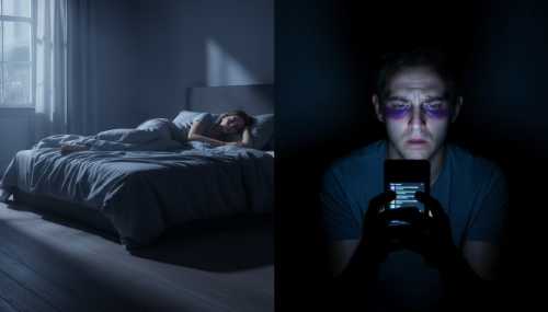 Split screen photorealistic image. Left side: a person sleeping deeply and peacefully in a dark room illuminated only by soft moonlight pouring in. Right side: a stressed person looking exhausted, staring at a bright smartphone screen in the dark, with distinct dark circles under their eyes. High contrast, emotional storytelling, cinematic photography.