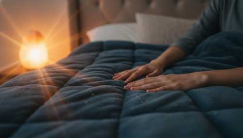 A photorealistic close-up of a person's hands resting peacefully on a heavy, textured weighted blanket in a dimly lit, cozy bedroom. The lighting is warm and amber, radiating from a nearby salt lamp, suggesting a safe and relaxing environment. The focus is on the rich, comforting texture of the fabric, conveying a sense of tactile wellness and somatic relaxation. Soft bokeh in the background.