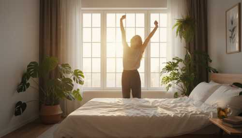 A bright, inspiring, and photorealistic morning scene. A person stands confidently by a large bedroom window, stretching their arms and bathed in warm, golden morning sunlight. They look refreshed, energized, and deeply rested. The room is tidy and peaceful with green indoor plants, symbolizing a restored circadian rhythm, neurobiological recovery, and mental clarity. High definition, positive and vibrant atmosphere.
