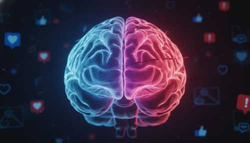 A highly detailed, conceptual macro photograph of a human brain glowing with faint neon blue and red lights, representing the conflict between the prefrontal cortex and the amygdala. The brain is surrounded by floating, softly blurred digital icons like hearts and notifications in the background. Cinematic lighting, deep shadows, symbolizing the exhaustion of willpower and the allure of cheap dopamine. Photorealistic style.